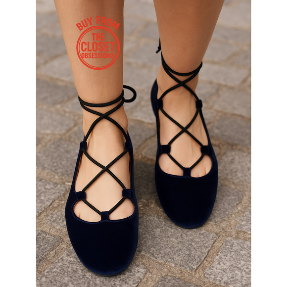 💙 ZARA Velvet Ballet Flats NWT | Ankle Wrap Tie Closure Navy Blue 7.5–9 - Picture 3 of 16